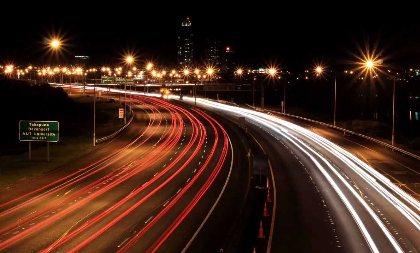 Auckland motorway traffic at night, the Northwestern route into West Auckland